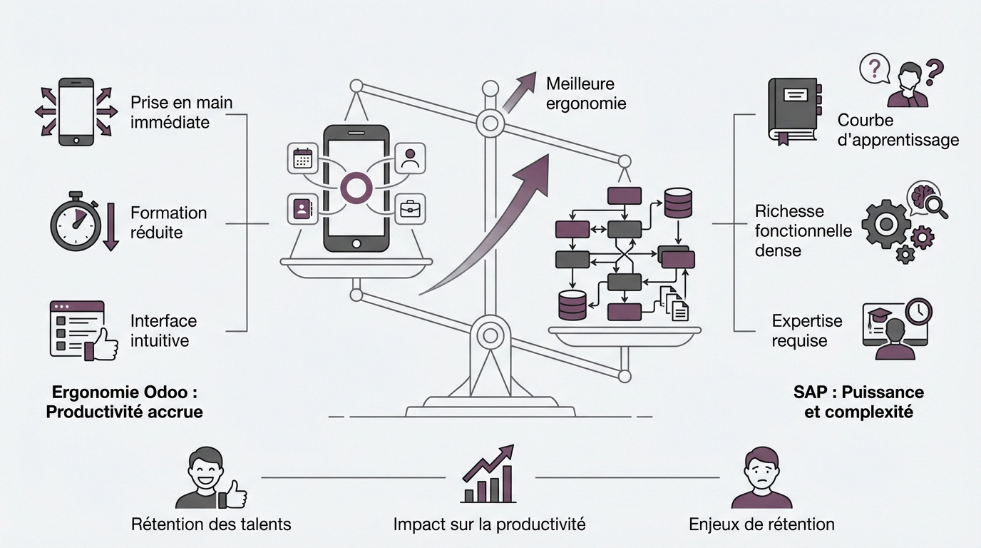 Comparaison visuelle de l'interface utilisateur entre Odoo et SAP pour la productivité
