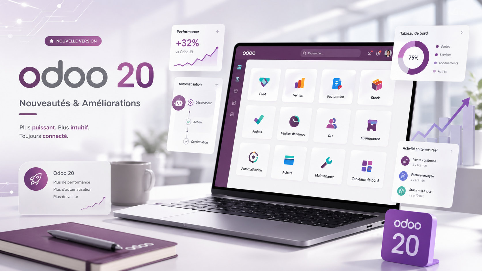 Interface Odoo 20 mettant en avant les capacités de l'intelligence artificielle autonome